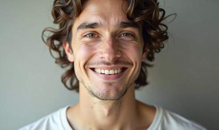 barbat barbierit razand cu parul ondulat portret