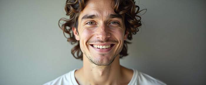 barbat barbierit razand cu parul ondulat portret