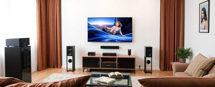 televizor camera de zi scena film canapea carti sistem audio