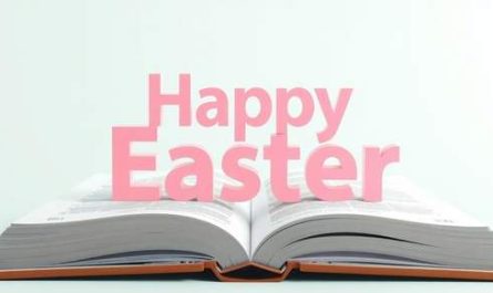 Paste Fericit Happy Easter dintr-o Biblie deschisa text roz