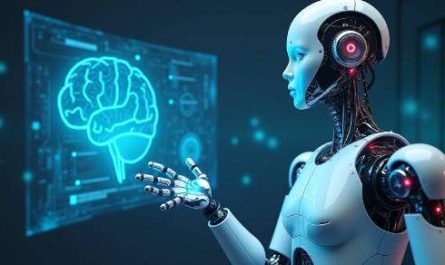 robot cu inteligenta artificiala care opereaza un ecran holograma